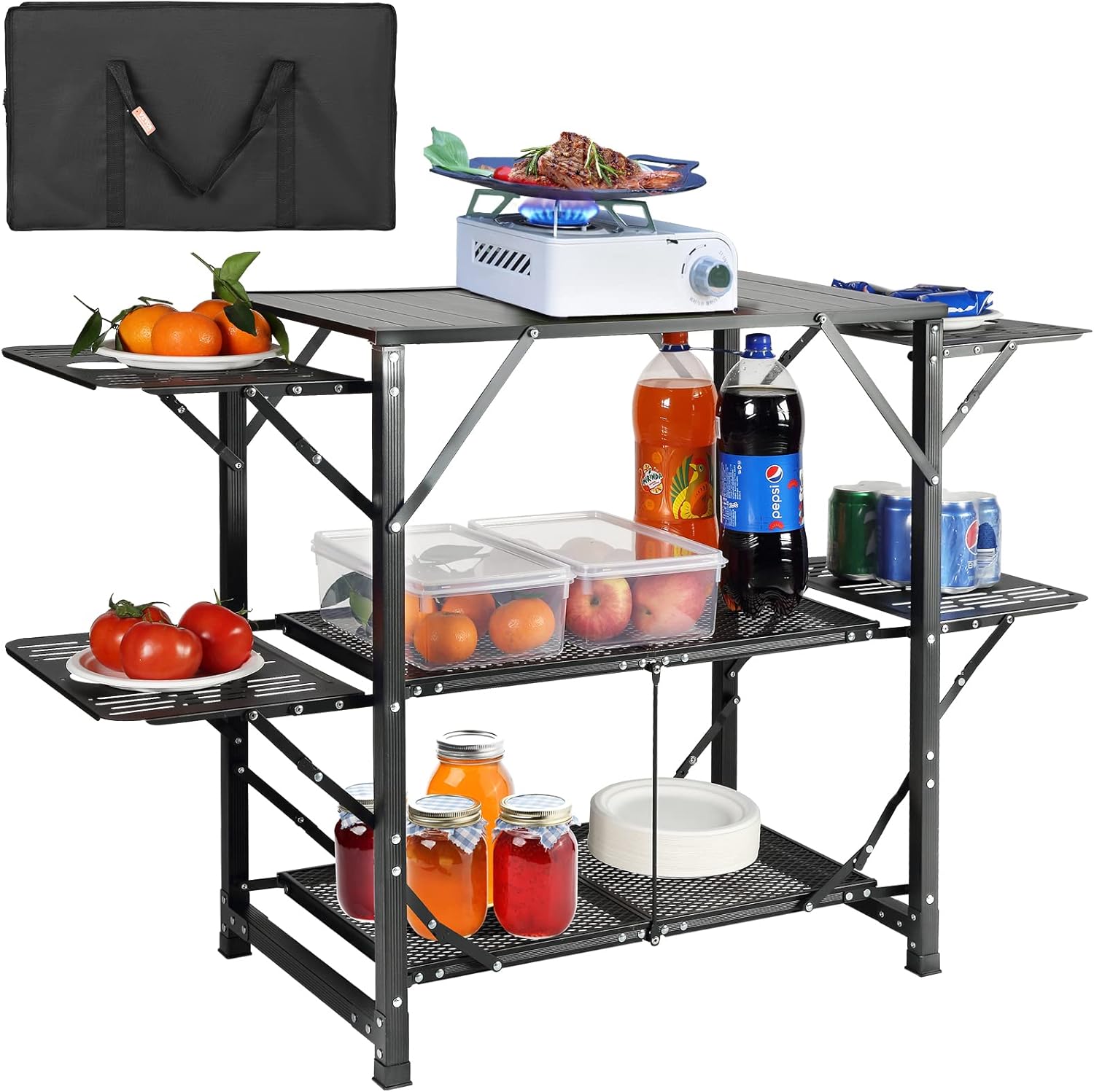VEVOR Camping Kitchen Table, One-Piece Folding Portable Cook Station with A Carrying Bag, Aluminum Camping Table 4 Iron Side Tables & 2 Shelves, Ideal for Outdoor Picnics, BBQs, Camping, RV Traveling