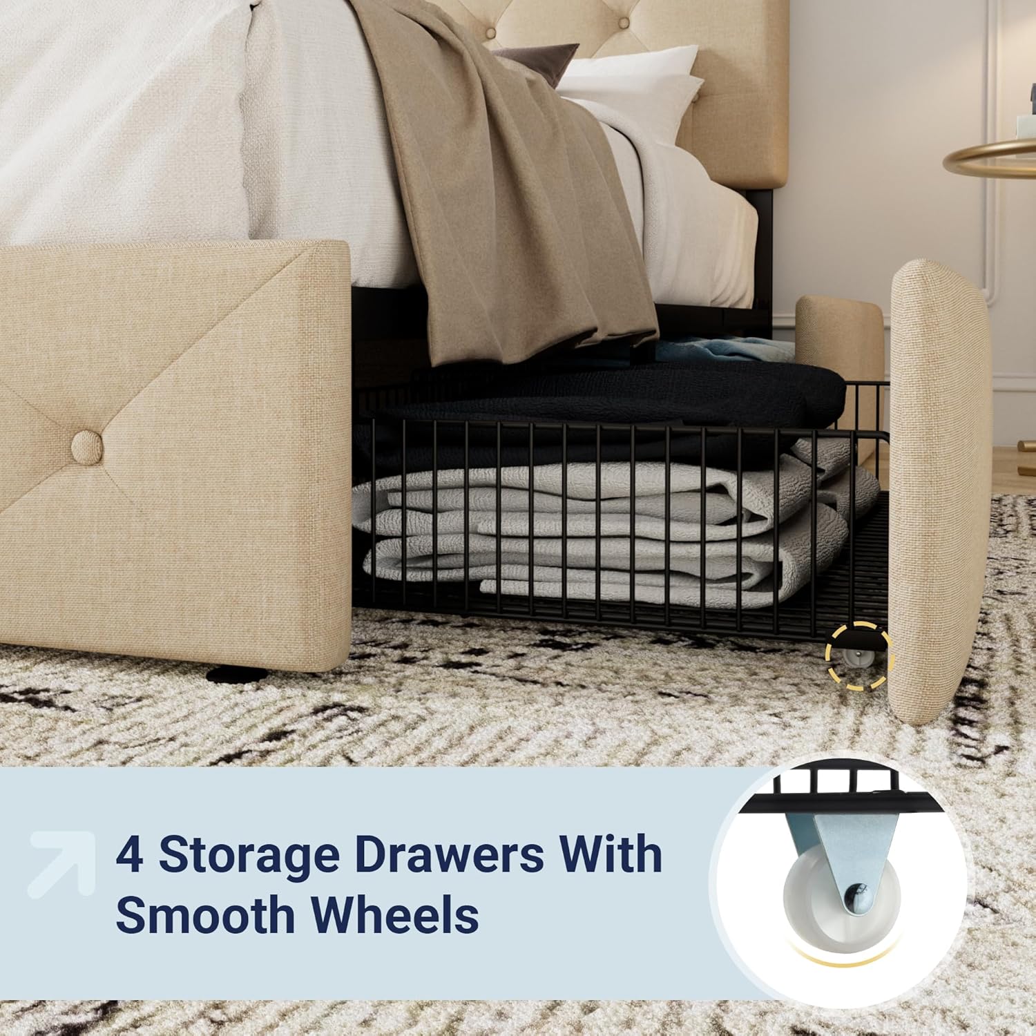 Allewie Upholstered Queen Size Platform Bed Frame with 4 Storage Drawers and Headboard, Square Stitched Button Tufted, Mattress Foundation with Wooden Slats Support, No Box Spring Needed, Light Grey