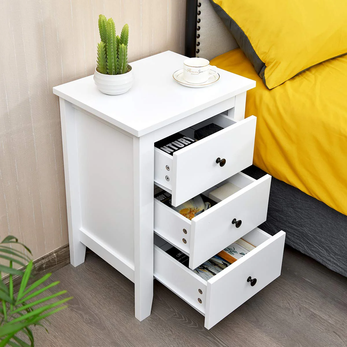 Giantex 2Pcs Bedside Table, Nightstand w/ 3 Drawers & Solid Wood Legs
