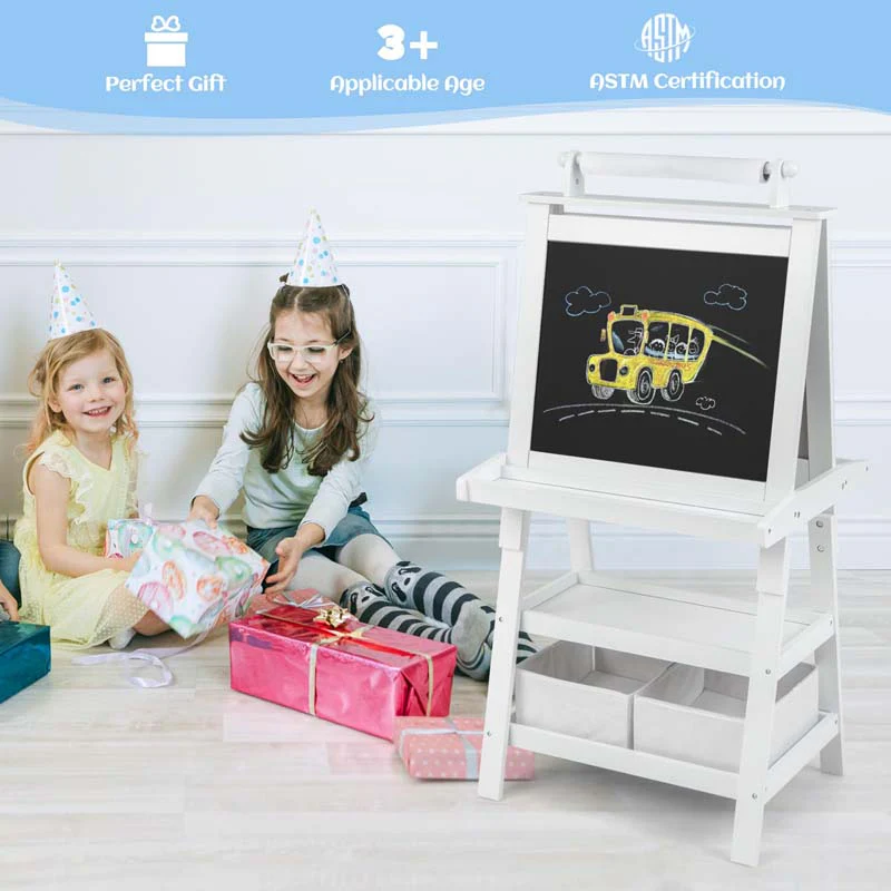 3-in-1 Double-Sided Kids Art Easel, Wooden Storage Toddler Easel with Magnetic White Board & Chalkboard, Paper Roll, Painting Dry Erase