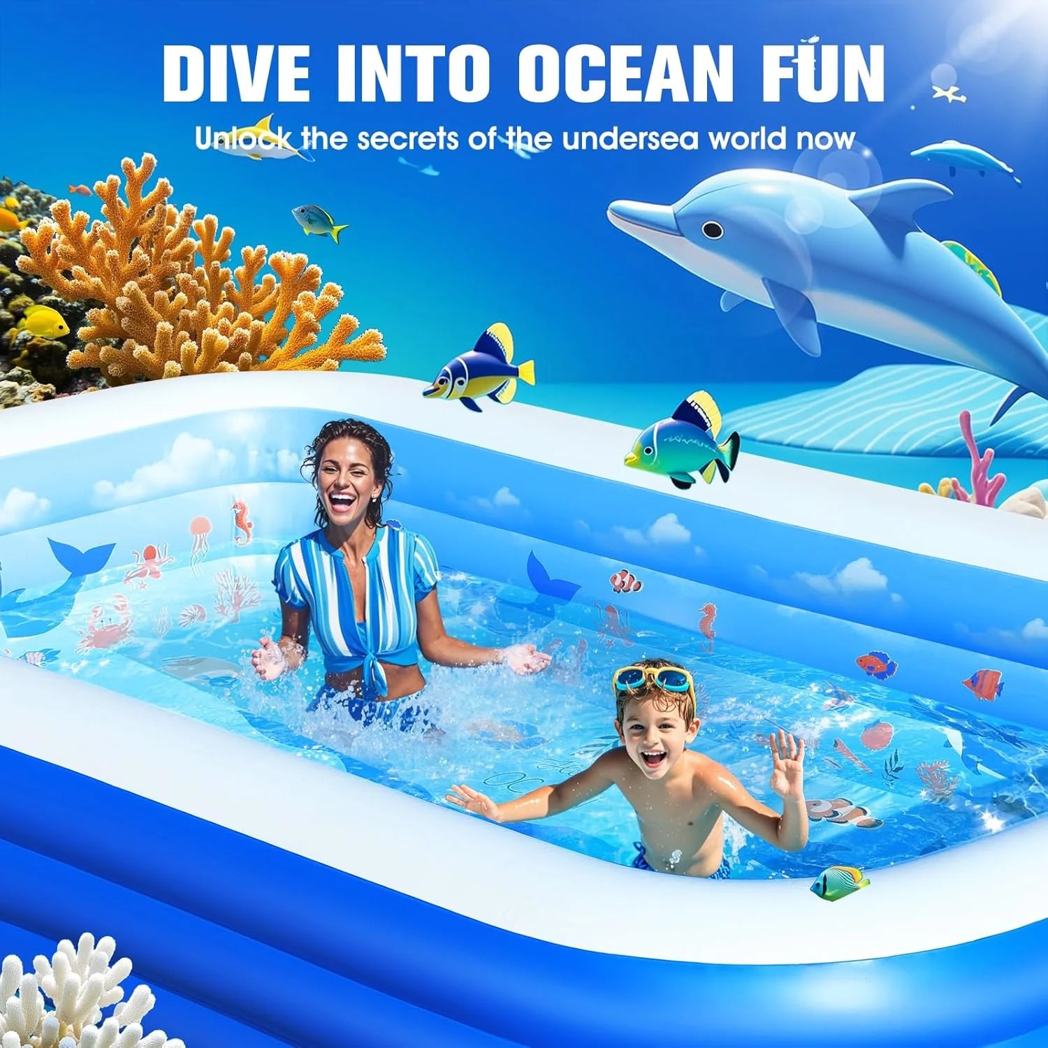 Inflatable Pool with Canopy,Upgraded Inflatable Swimming Pool for Kids,Adult,Large Inflatable Blow up Pools,Ocean Theme Oversized Thickened 105