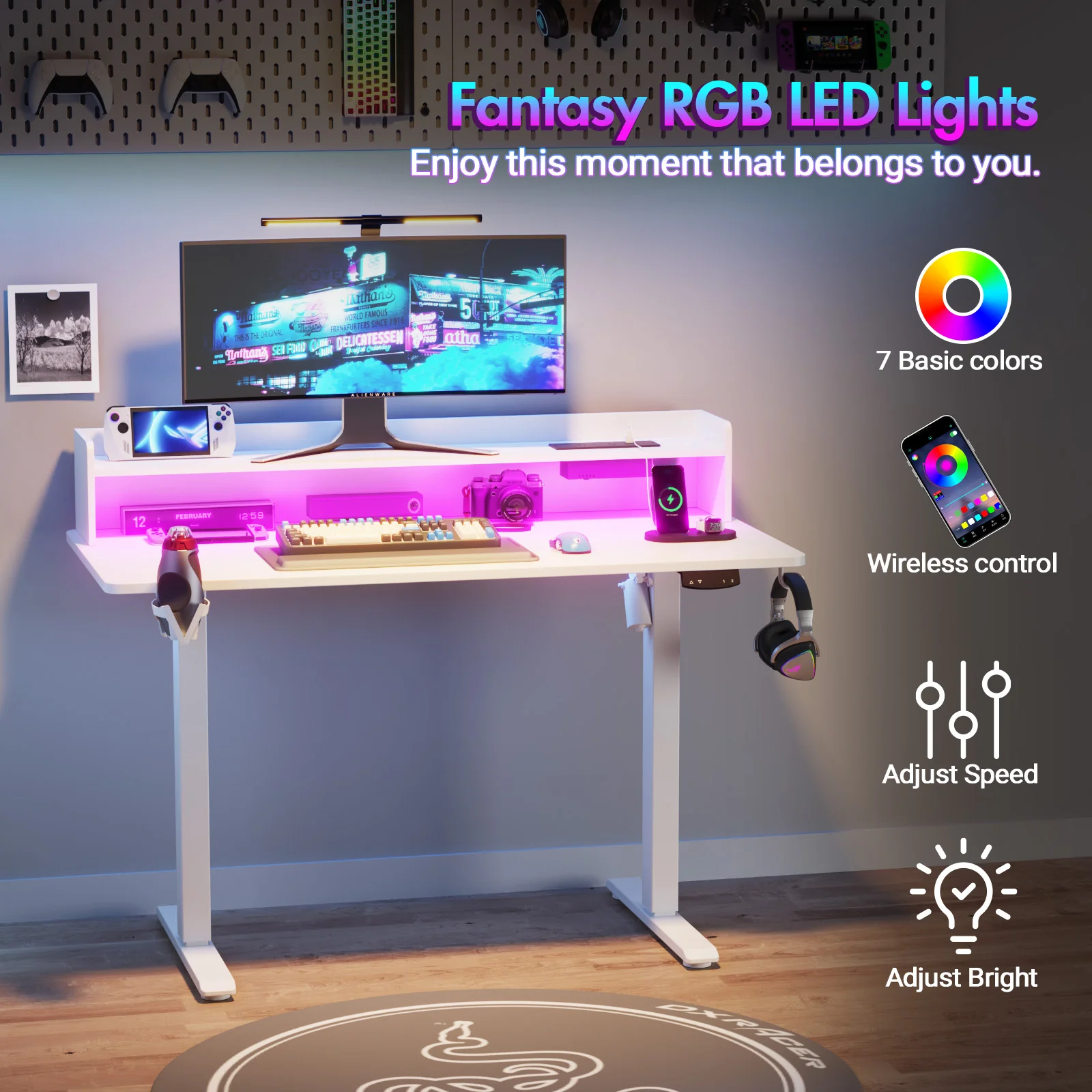 LED RGB Light Electric Standing Desk White
