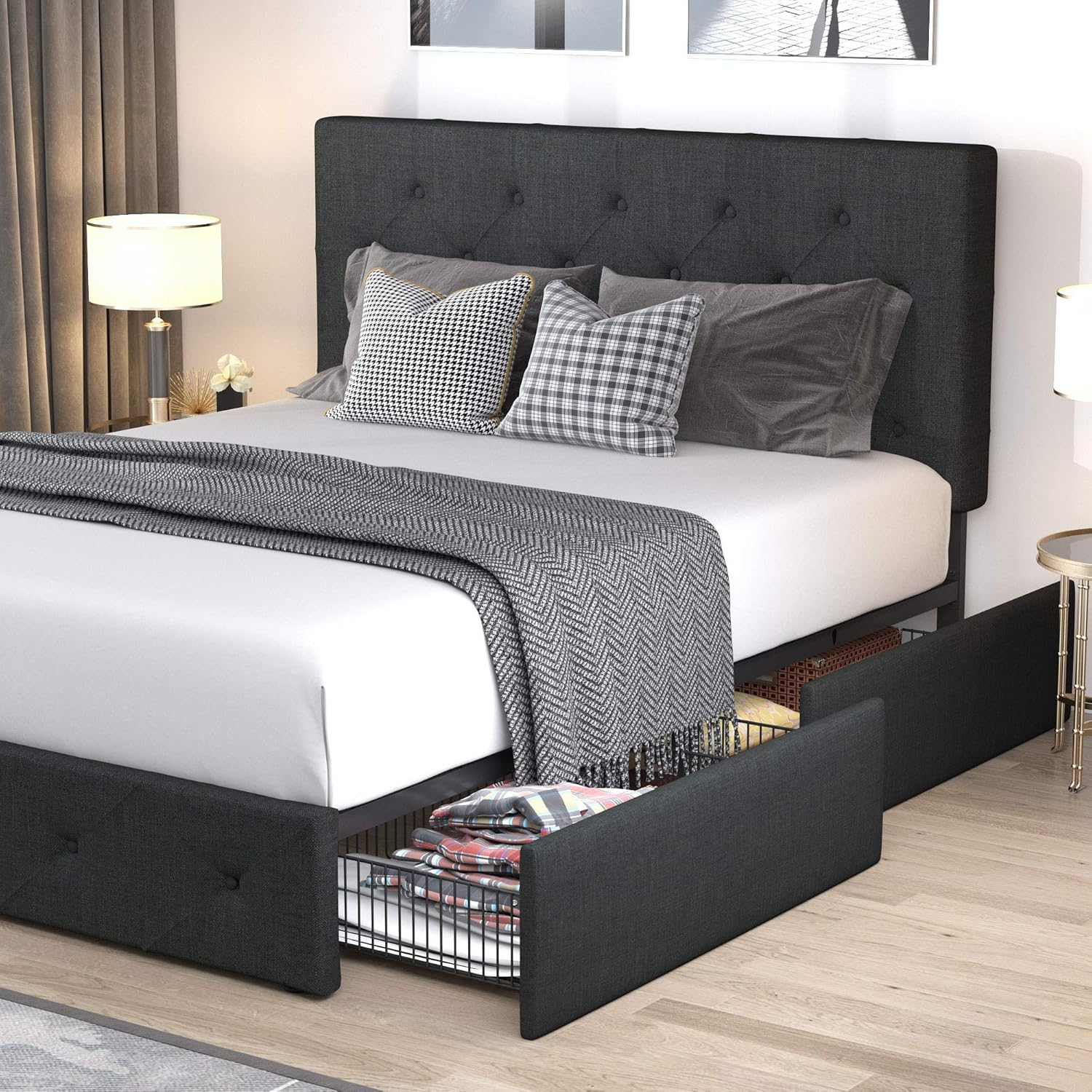 Allewie Upholstered Queen Size Platform Bed Frame with 4 Storage Drawers and Headboard, Square Stitched Button Tufted, Mattress Foundation with Wooden Slats Support, No Box Spring Needed, Light Grey