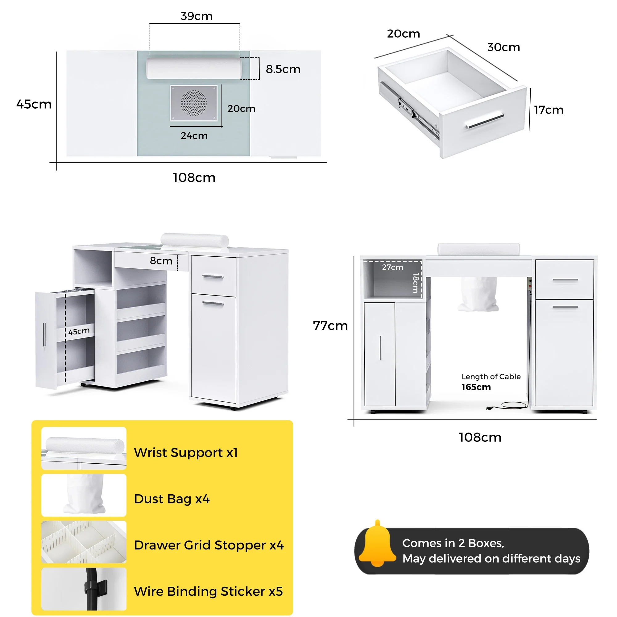 Manicure Table with Glass Top White