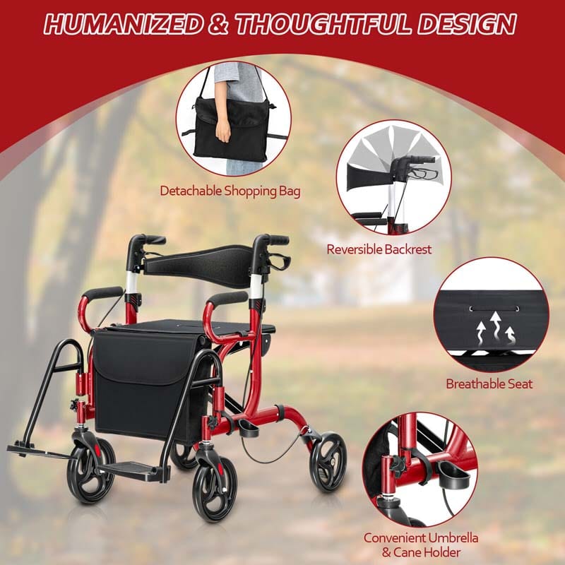 2 in 1 Folding Rollator Walker with Seat & Bag, Aluminum Medical Walker Rolling Transport Chair Mobility Walking Aid
