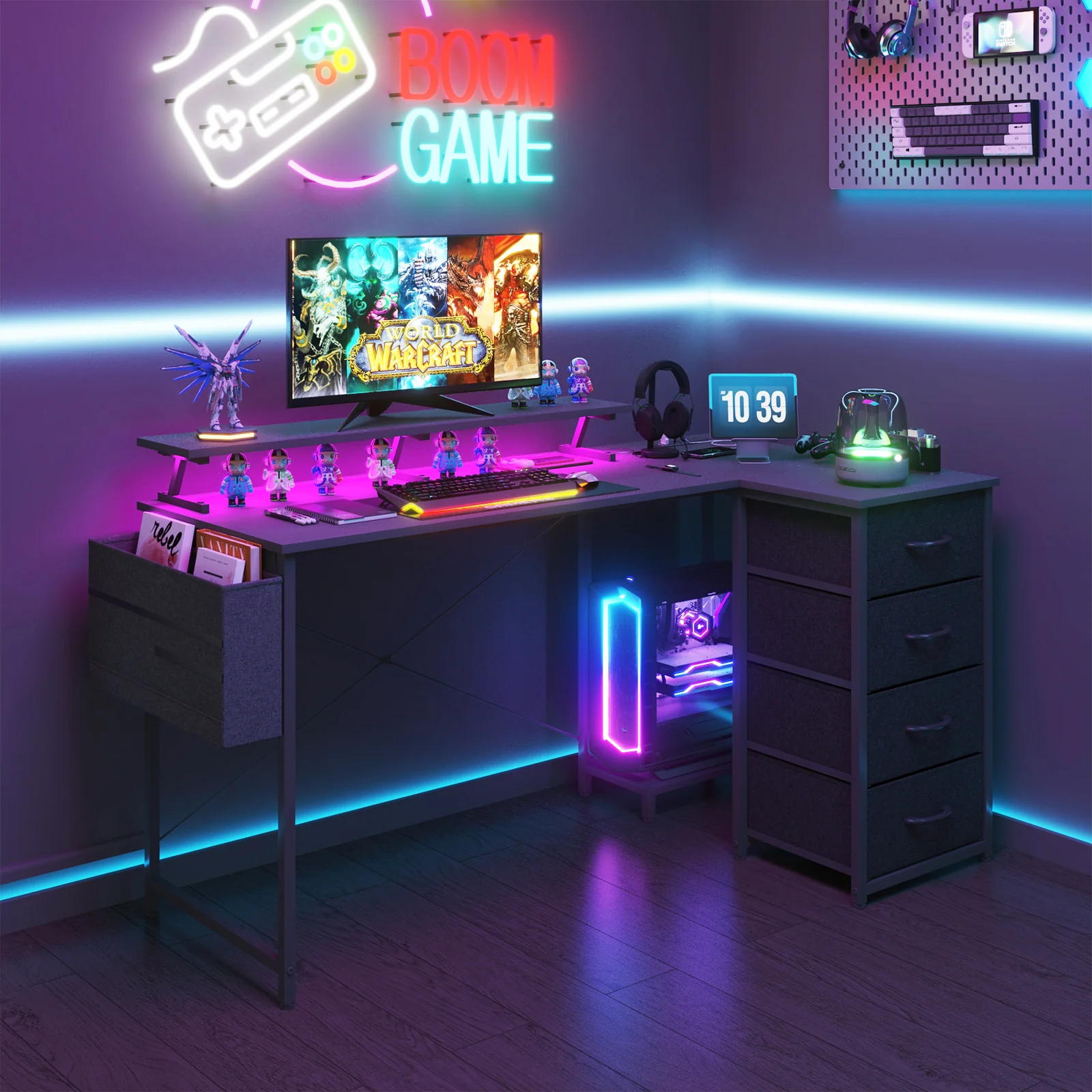 L Shaped Gaming Desk with LED Lights Black