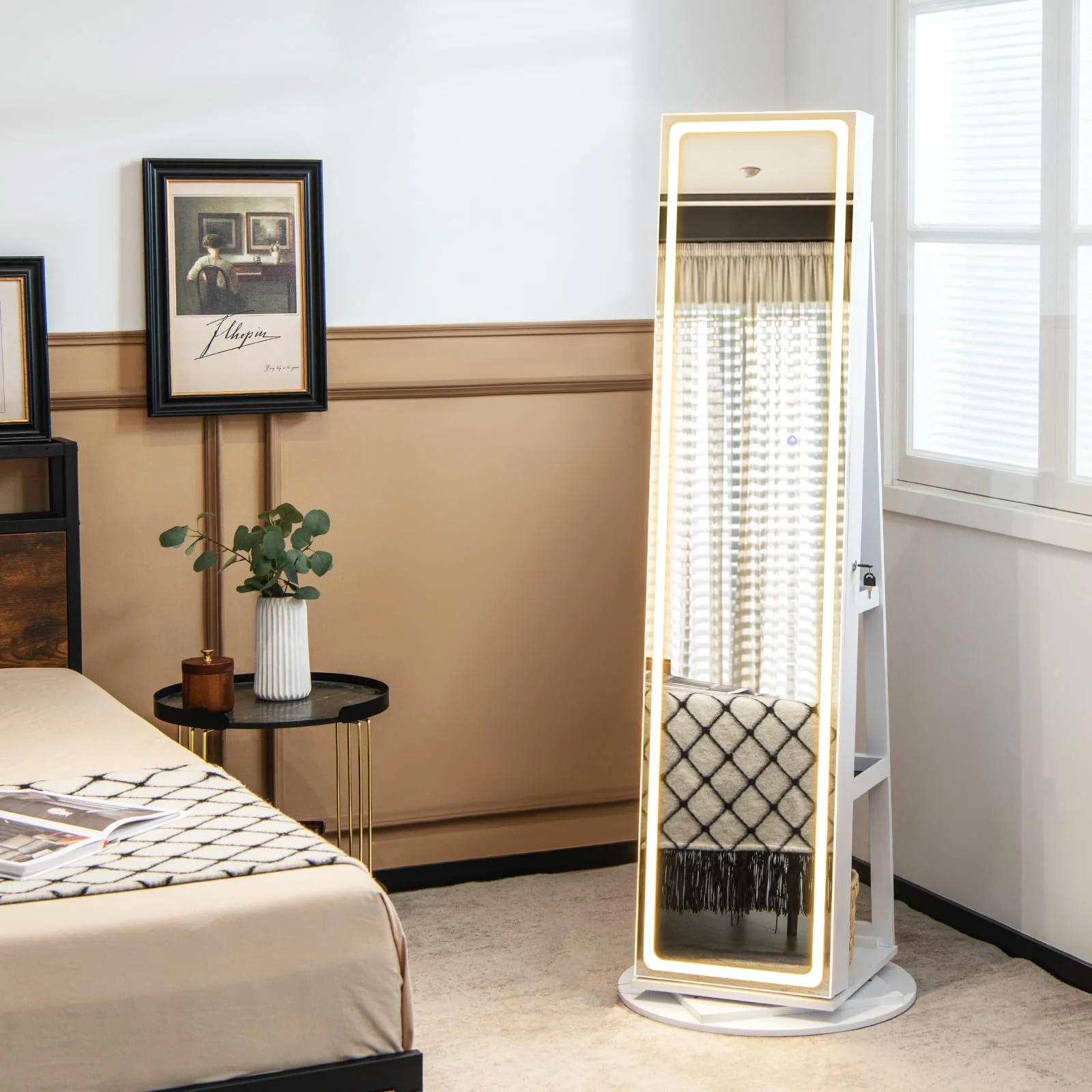 Giantex 160 cm Standing Jewelry Cabinet w/Adjustable LED Lights, 360?? Swivel Lockable Jewelry Armoire Organizer w/Full-Length Mirror