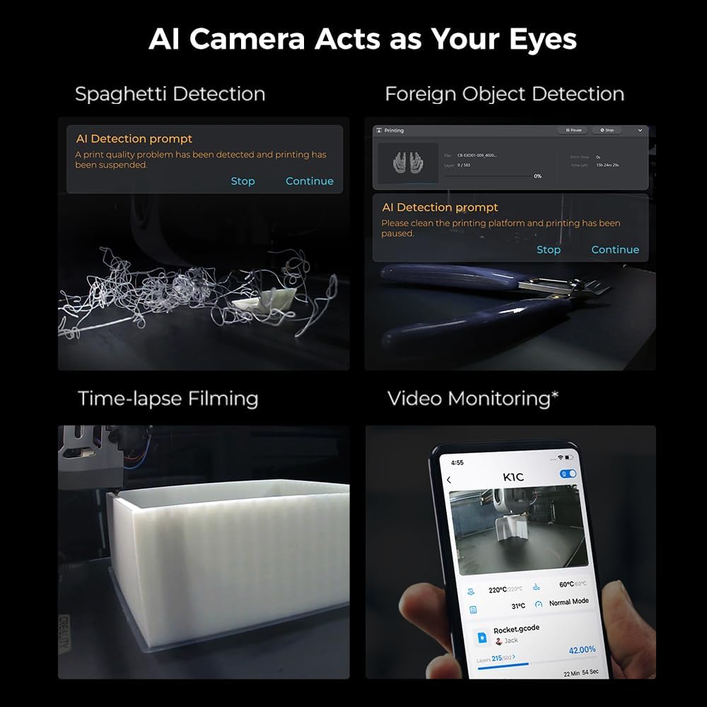 2024 New Version Creality K1C 3D Printer, 600mm/s Fast Printing Speed and Clog-free Direct Extruder, Support 300�� Printing and Carbon Fiber Filament, Auto Leveling and AI Camera 8.66*8.66*9.84 inch