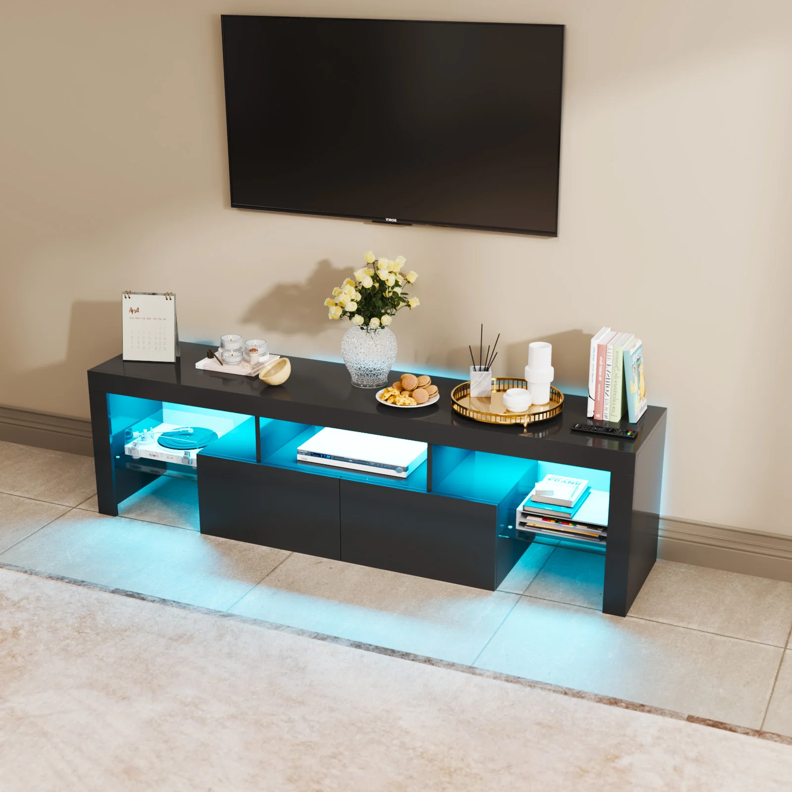 TV Cabinet 160cm RGB LED Entertainment Unit Black
