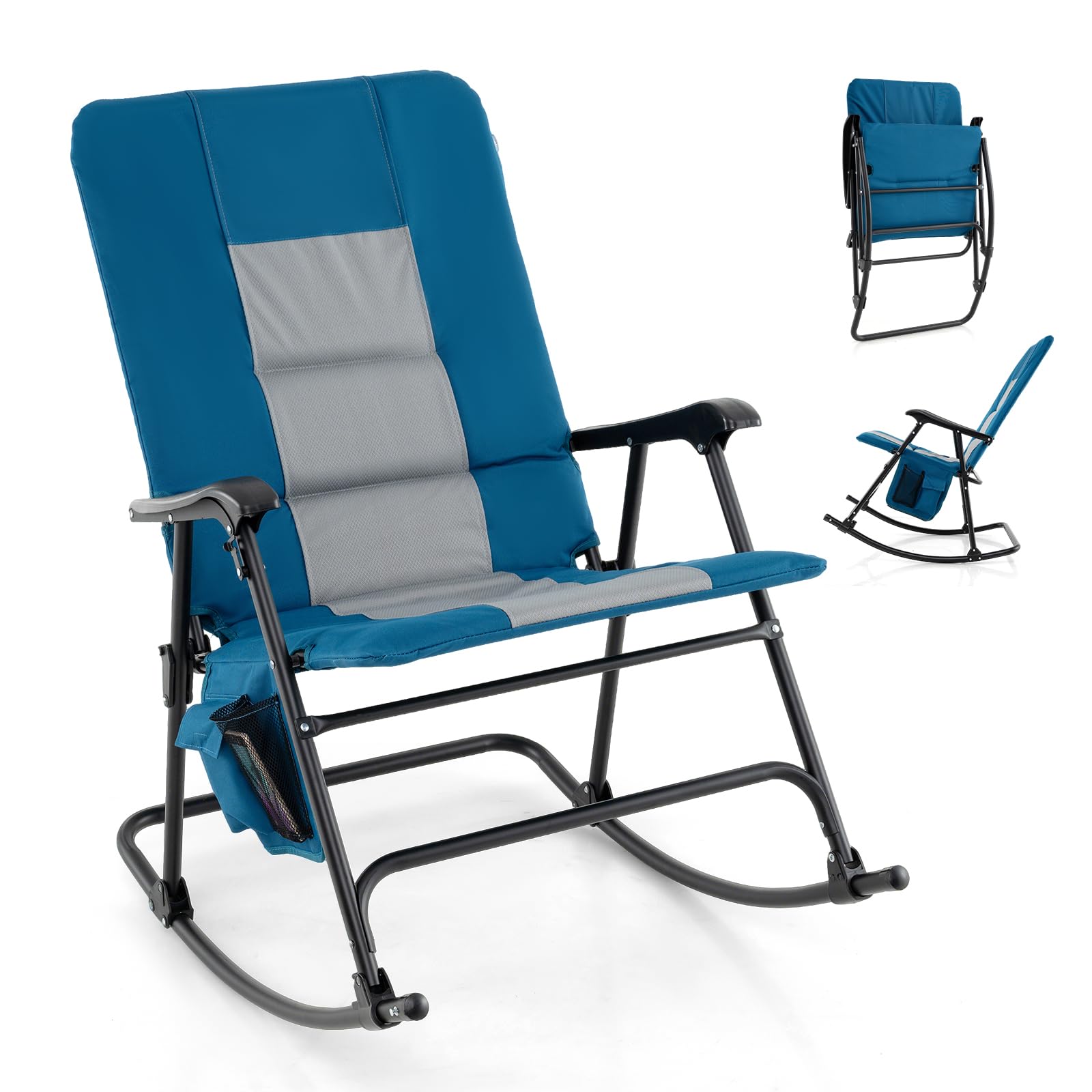 Oversized Folding Rocking Chair, Padded Patio Lounge Rocker w/Metal Frame, Armrests, Side Pocket