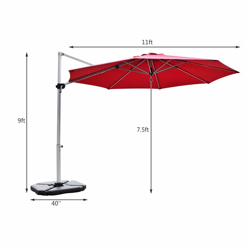 11 FT Patio Offset Cantilever Umbrella 360�� Rotation Tilt with Cross Base & Crank Handle