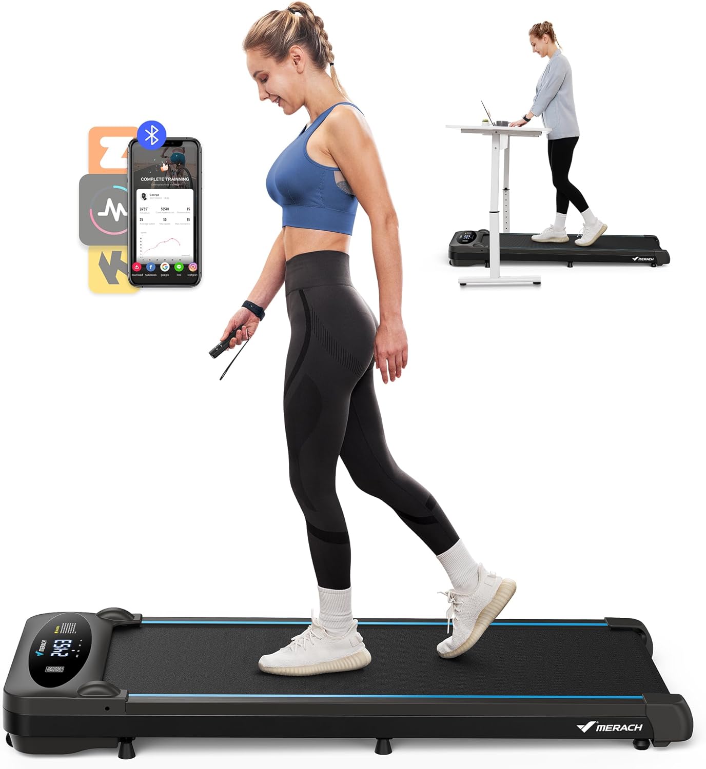 MERACH Walking Pad Treadmill,Under Desk Treadmills for Home & Office,Walking Pad Portable Walk Pad with Max 3.8MPH 40 dB,2 in 1 Quiet Portable Mini Treadmill with Remote Control, APP,LED