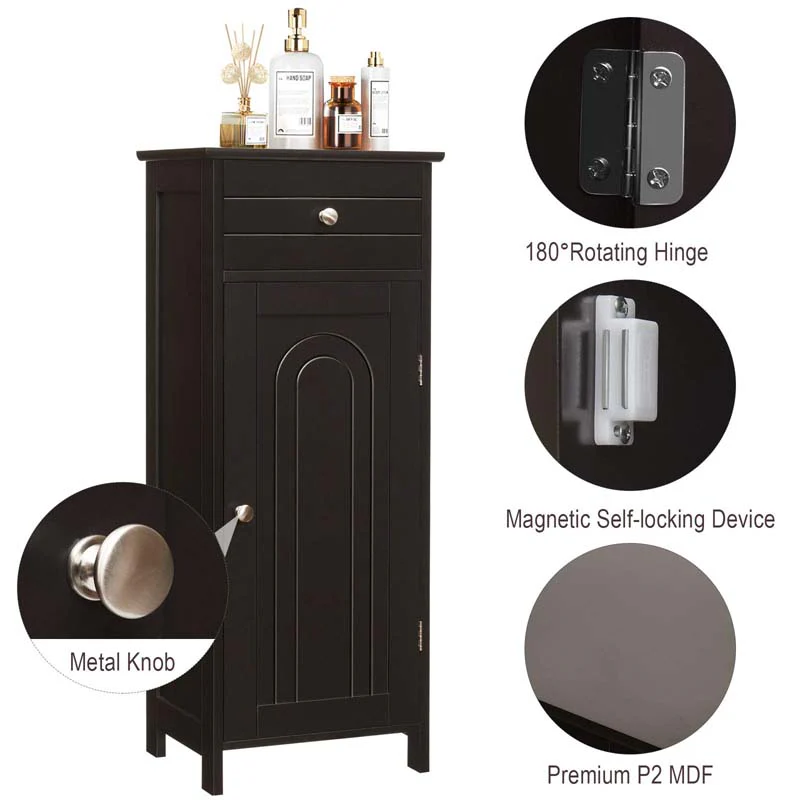 Free-Standing Wooden Floor Storage Cabinet w/Large Drawer & 2 Adjustable Shelves, Morden Side Storage Bathroom Organizer Cabinet