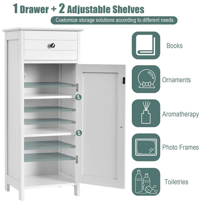 Free-Standing Wooden Floor Storage Cabinet w/Large Drawer & 2 Adjustable Shelves, Morden Side Storage Bathroom Organizer Cabinet