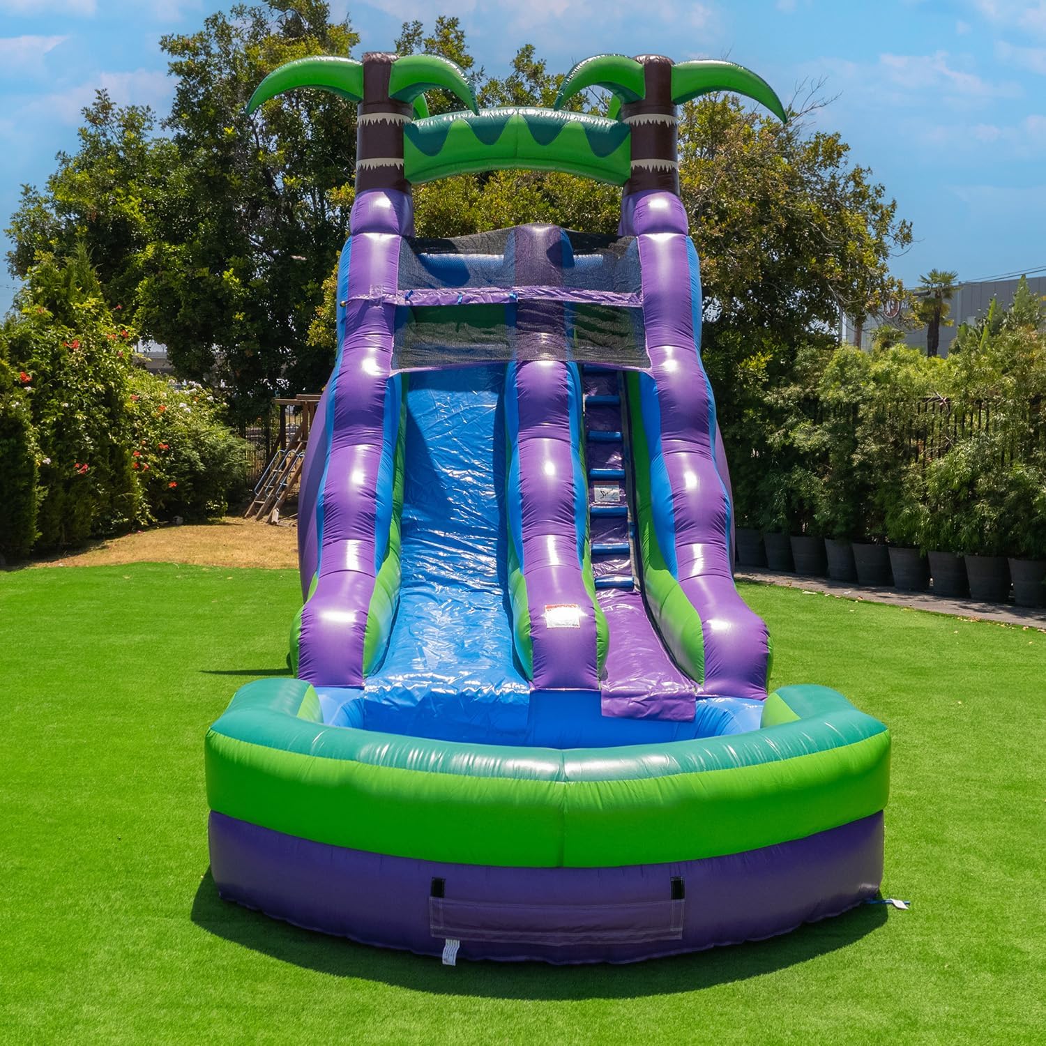HeroKiddo 16 Purple Tropical Lightweight Premium Commercial Grade Water Slide Inflatable with Attached Pool for Kids and Adults (with Blower), Wet Dry Use, Summer Fun