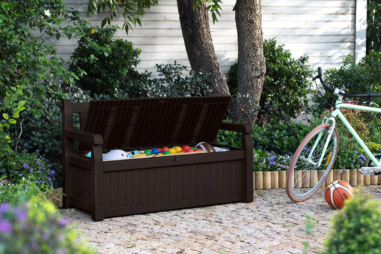 70 Gallon Storage Bench Deck Box for Patio Furniture, Front Porch Decor and Outdoor Seating ?? Perfect to Store Garden Tools and Pool Toys, Brown