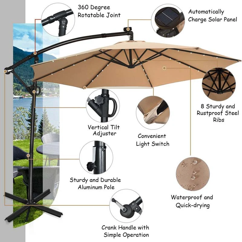 10 FT Patio Offset Umbrella with Solar Lights 360�� Rotation Outdoor Market Umbrella with Crank Handle & Cross Base