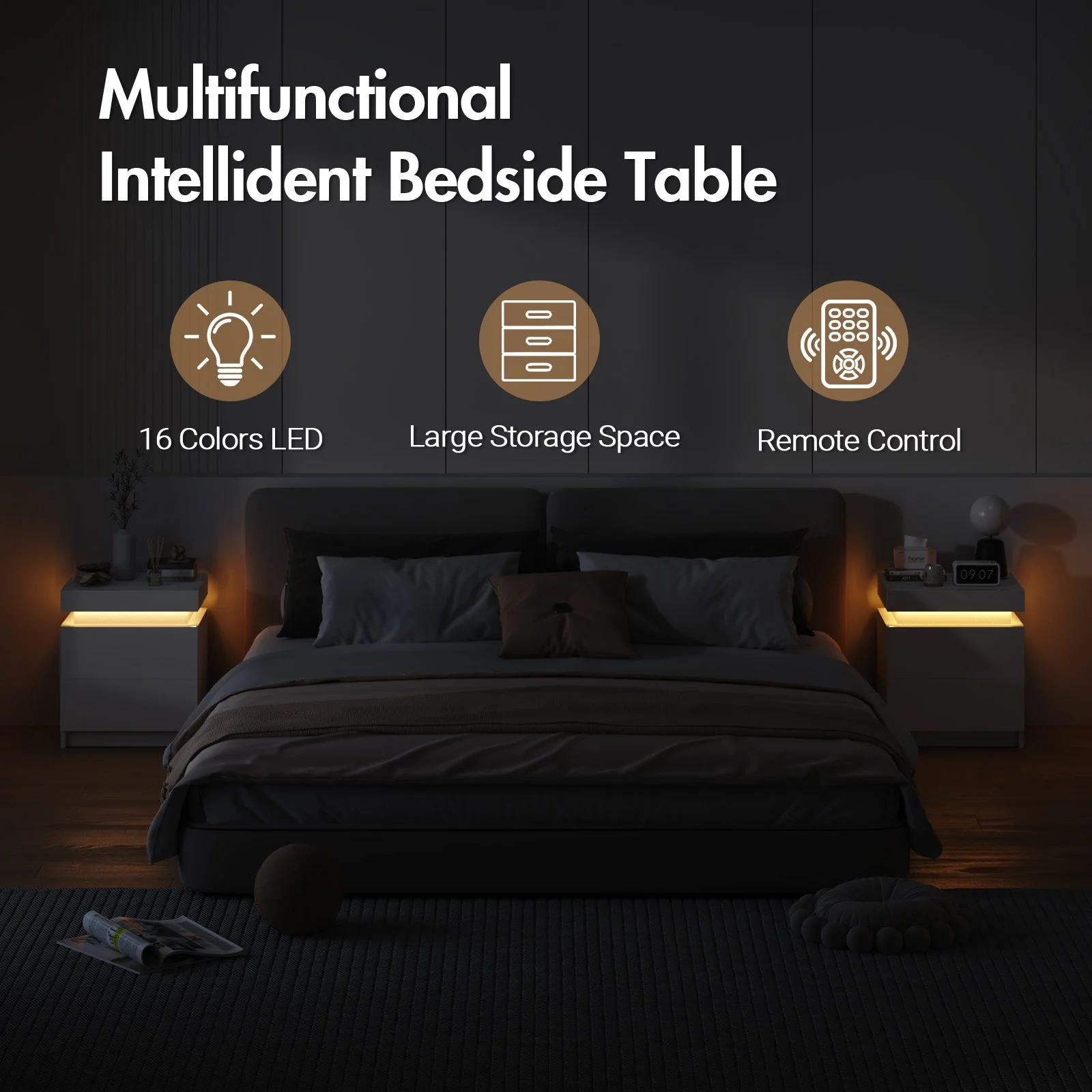 Set of 2 Bedside Table With Nightstand LED