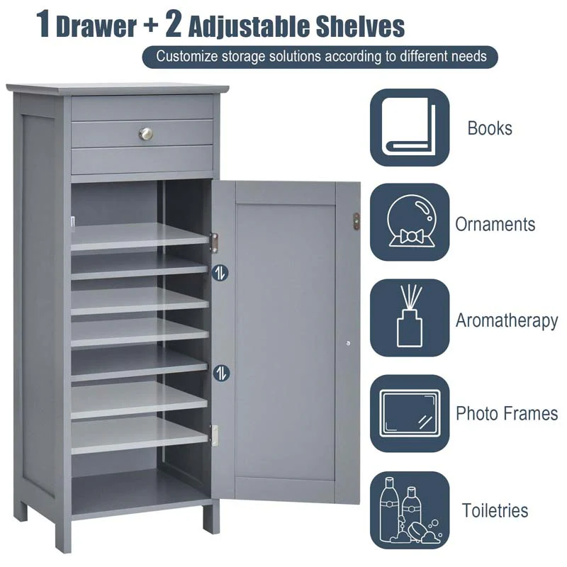 Free-Standing Wooden Floor Storage Cabinet w/Large Drawer & 2 Adjustable Shelves, Morden Side Storage Bathroom Organizer Cabinet