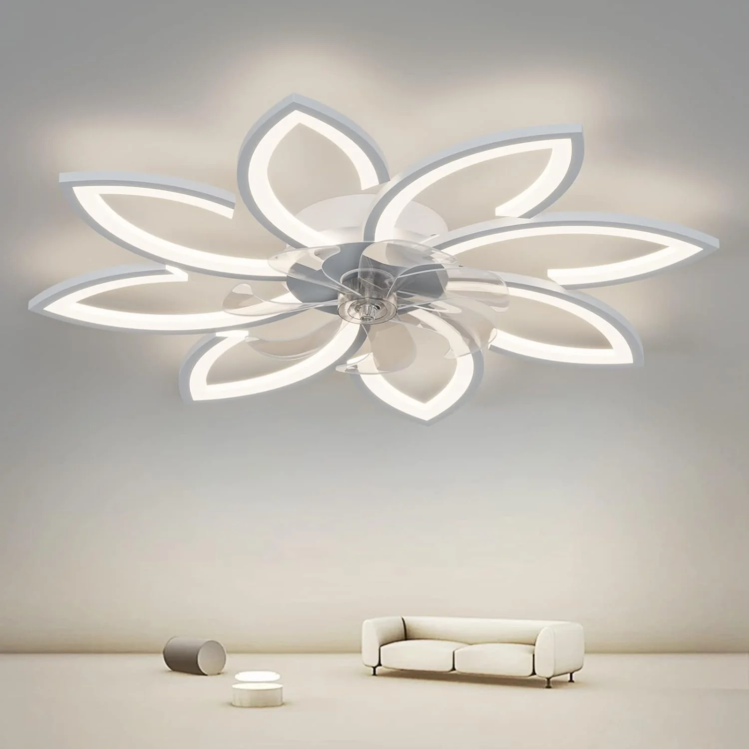 Modern Ceiling Light Fan, Low Profile, 6 Wind Speed, 3 Color 90cm, White