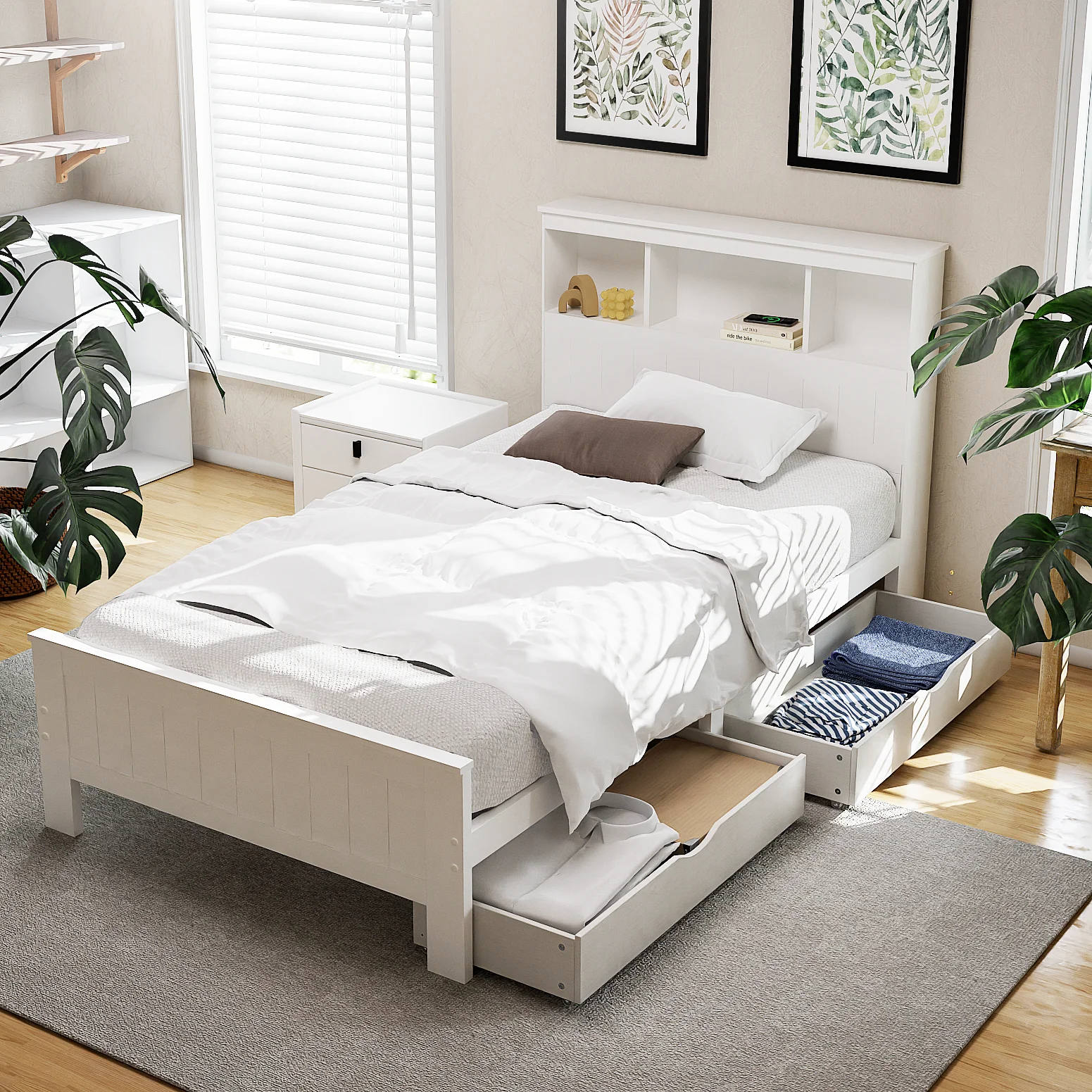 Artiss Bed Frame King Single Size Wooden with 2 Storage Drawers White