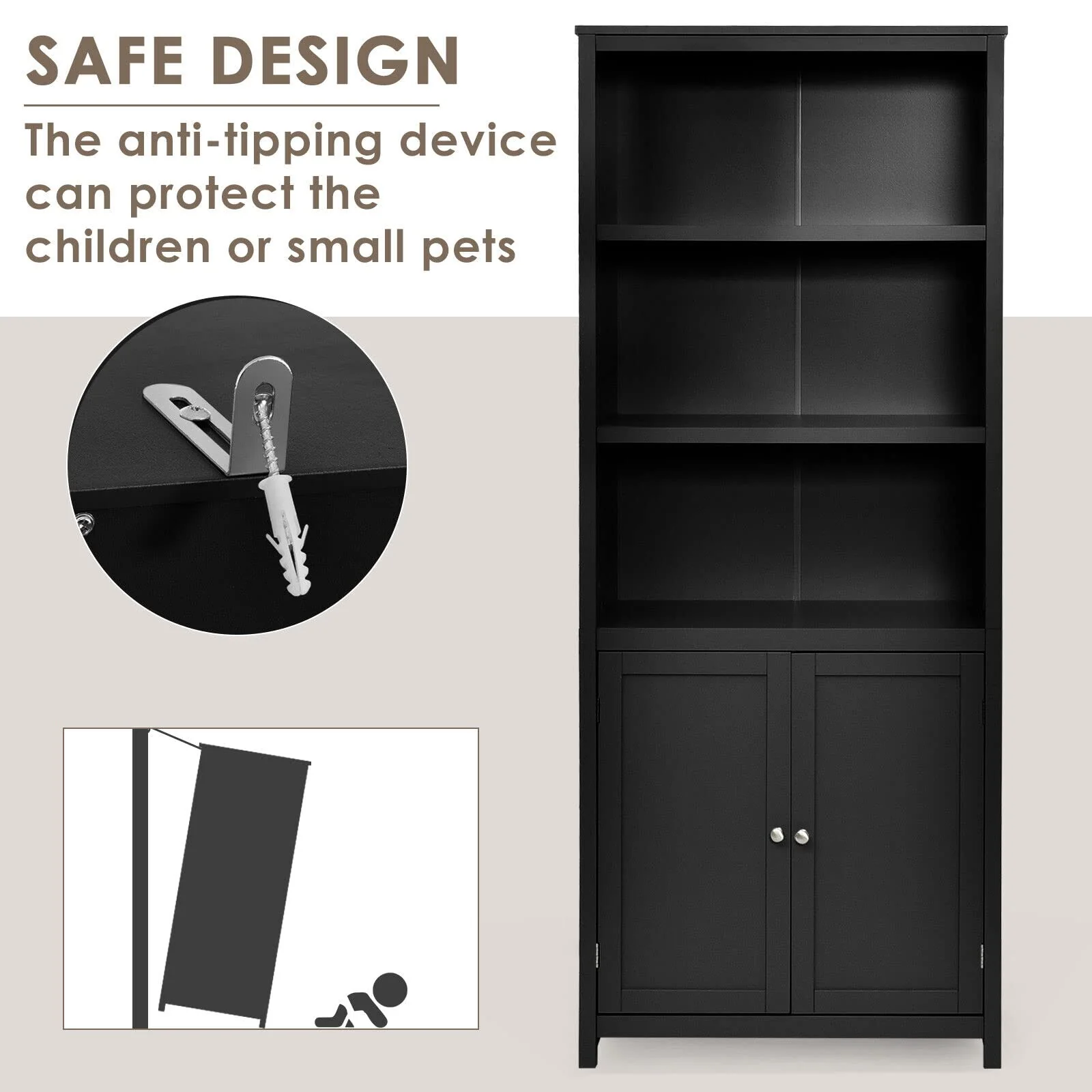 Giantex 182CM Bookcase with Doors, 3 Tier Open Book Shelving, Standing Wooden Display Bookcase
