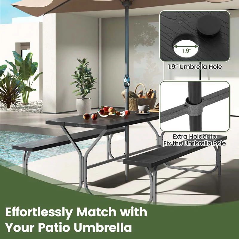 6 FT 8-Person Outdoor Large Picnic Table Bench Set with Umbrella Hole, Metal Frame, All-Weather HDPE Tabletop