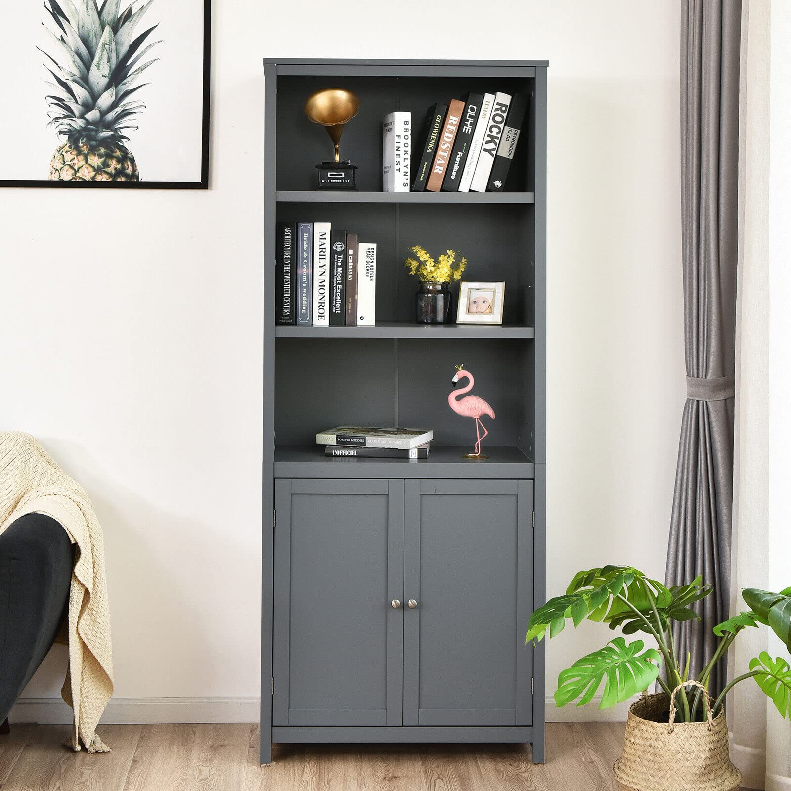 Giantex 182CM Bookcase with Doors, 3 Tier Open Book Shelving, Standing Wooden Display Bookcase