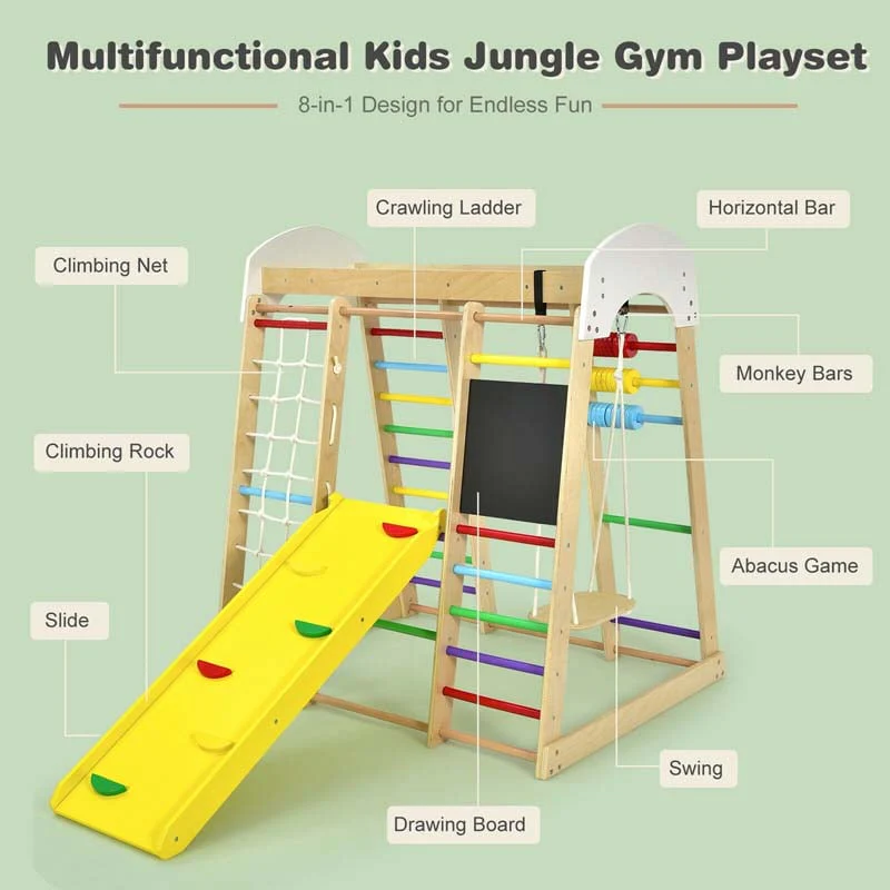 8-in-1 Wooden Climbing Toys for Toddlers, Kids Indoor Playground Jungle Gym Climber Playset with Slide