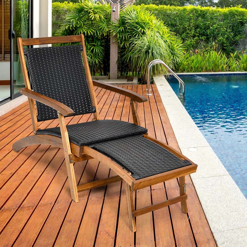 2 Pcs Acacia Wood Folding Chaise Lounge Chair Outdoor Foldable Deck Chair, Portable Wicker Lounger with Retractable Footrest