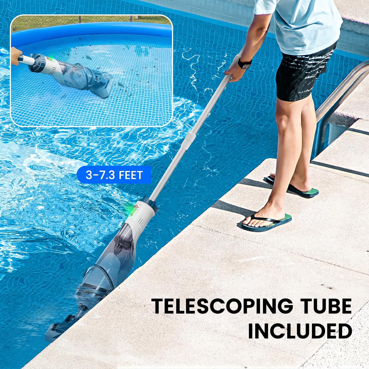 Pool Vacuum for Above Ground Pool with a Telescopic Pole, Running time up to 1H, T403 Handheld Rechargeable Pool Cleaner with Powerful Suction up to 18.5 gallons/min, Ideal for Leaves, Debris