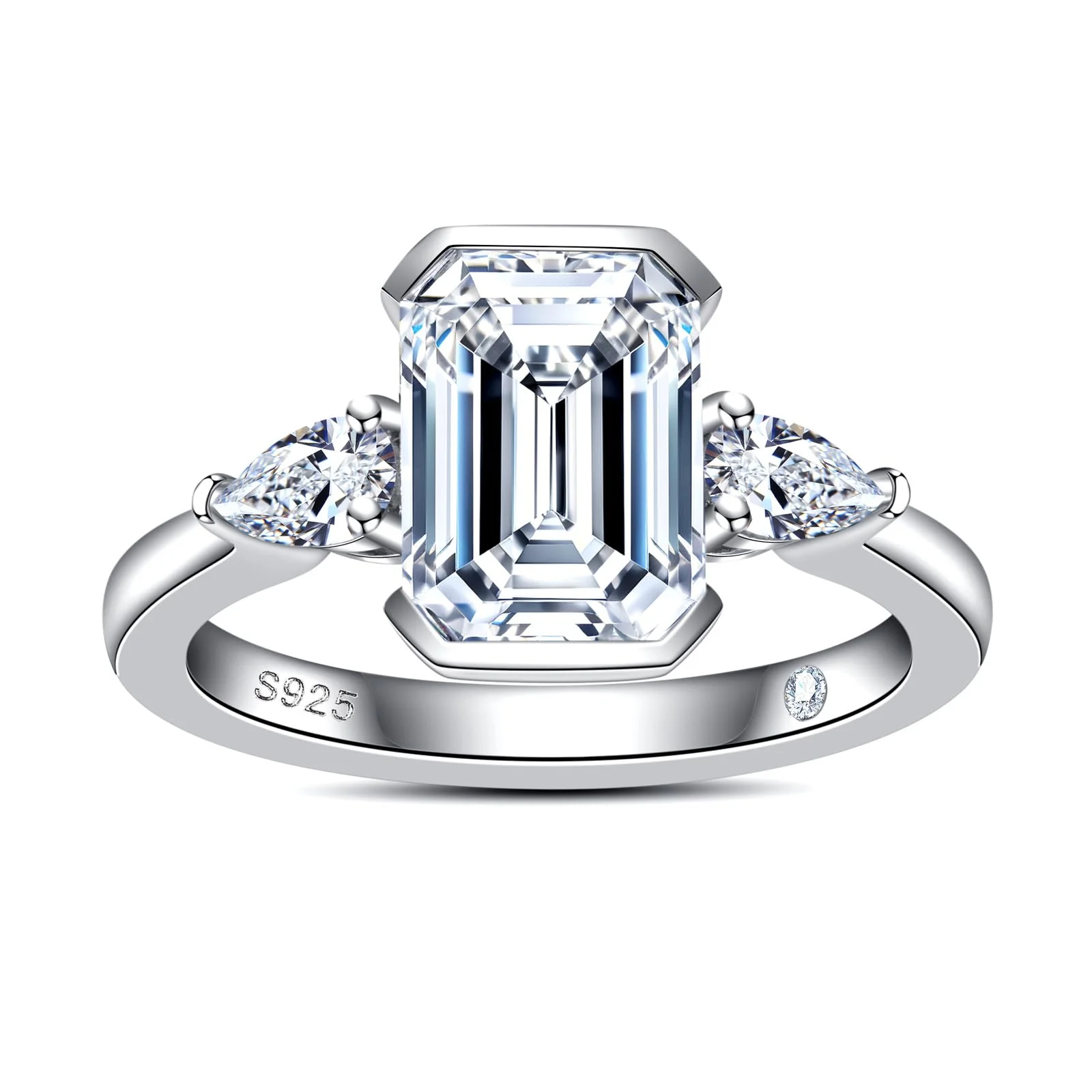 Emerald Cut Moissanite Engagement Ring 3.6cttw(3CT Center Stone) D Color VVS1 925 Sterling Silver 3 Stones Half Bezel Promise Wedding Rings for Women with Certificate
