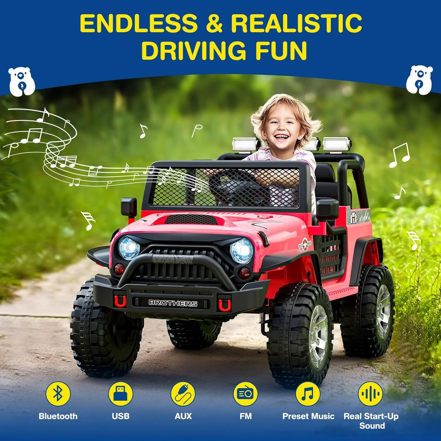 L8 Ride On Car, 2 Seater, 12V Kids Electric Car w/Remote Control, 4-Wheel Suspension, Bluetooth Speaker, Multi Music Modes, 3 Speeds, LED Lights, Xmas & Birthday Gift Ideas for Kids Ages 3+
