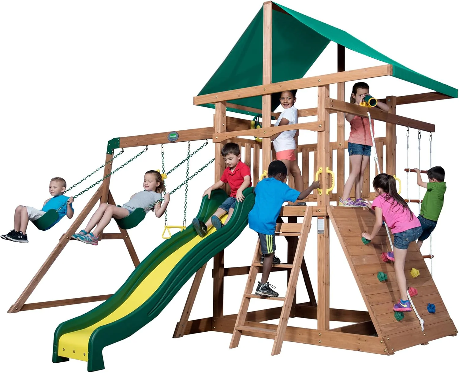 Mount Mckinley Cedar Wood Swing Set with Wave Slide, Play Deck, Double Rock Wall, Rope Ladder, Web Swing, Belt Swings, Toy Telescope, Steering Wheel, Sandbox Area, Outdoor Playset