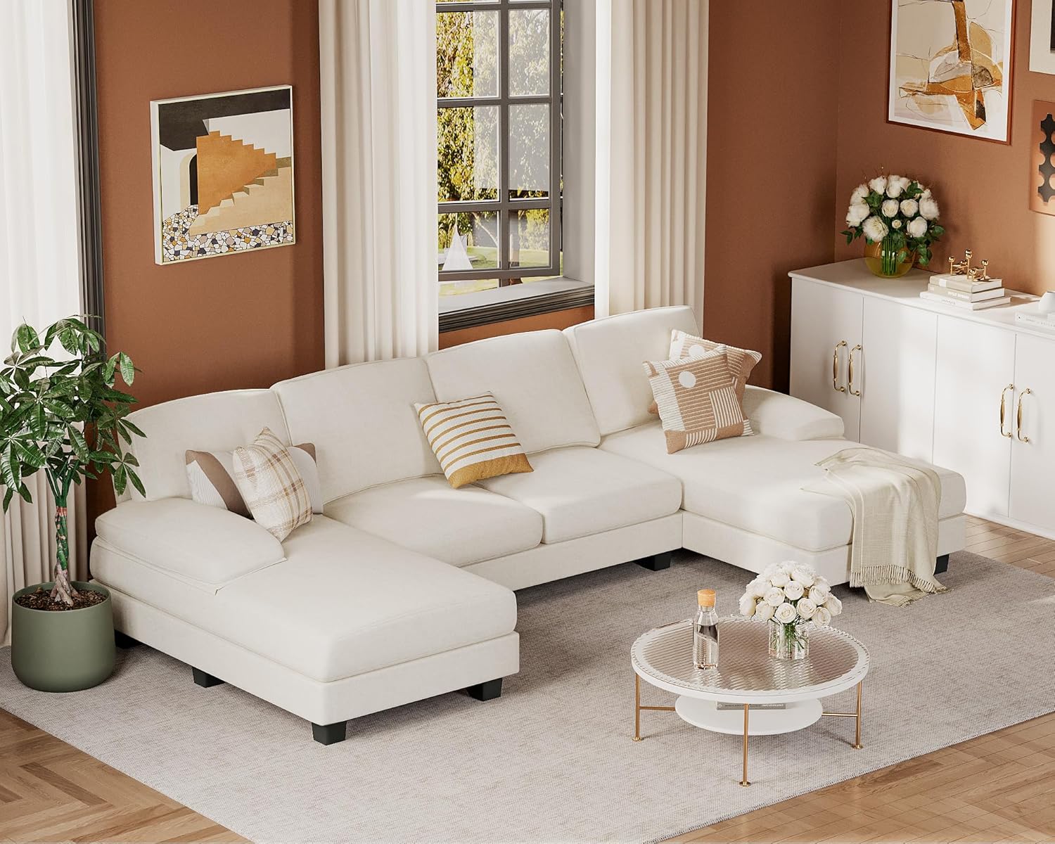 Sectional Couches for Living Room, U Shaped Couch with Chenille Fabric, 4 Seat Modern Sofa with Removable Pillows for Apartment and Small Space (Fabric, Grey)