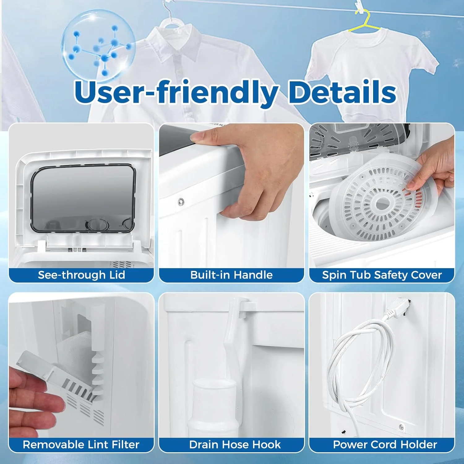 Portable Washing Machine, Twin Tub 20 Lbs Capacity, Washer(12 Lbs) and Spinner(8 Lbs), Durable Design, Timer Control, Compact Laundry Washer for RV, Apartments and Dorms, Grey+White