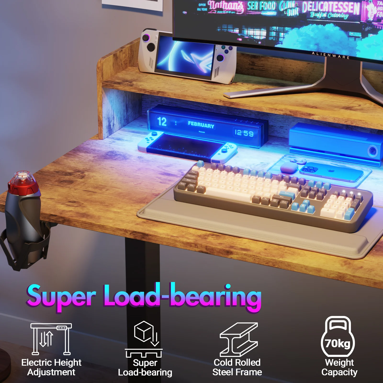 LED RGB Light Electric Standing Desk Brown