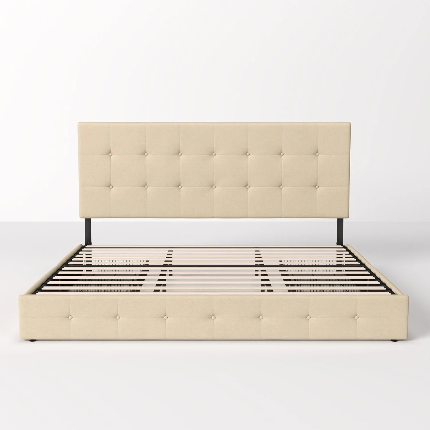 Allewie Upholstered Queen Size Platform Bed Frame with 4 Storage Drawers and Headboard, Square Stitched Button Tufted, Mattress Foundation with Wooden Slats Support, No Box Spring Needed, Light Grey