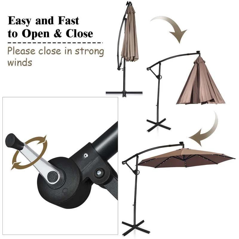 10 FT Patio Offset Umbrella with Solar Lights 360�� Rotation Outdoor Market Umbrella with Crank Handle & Cross Base