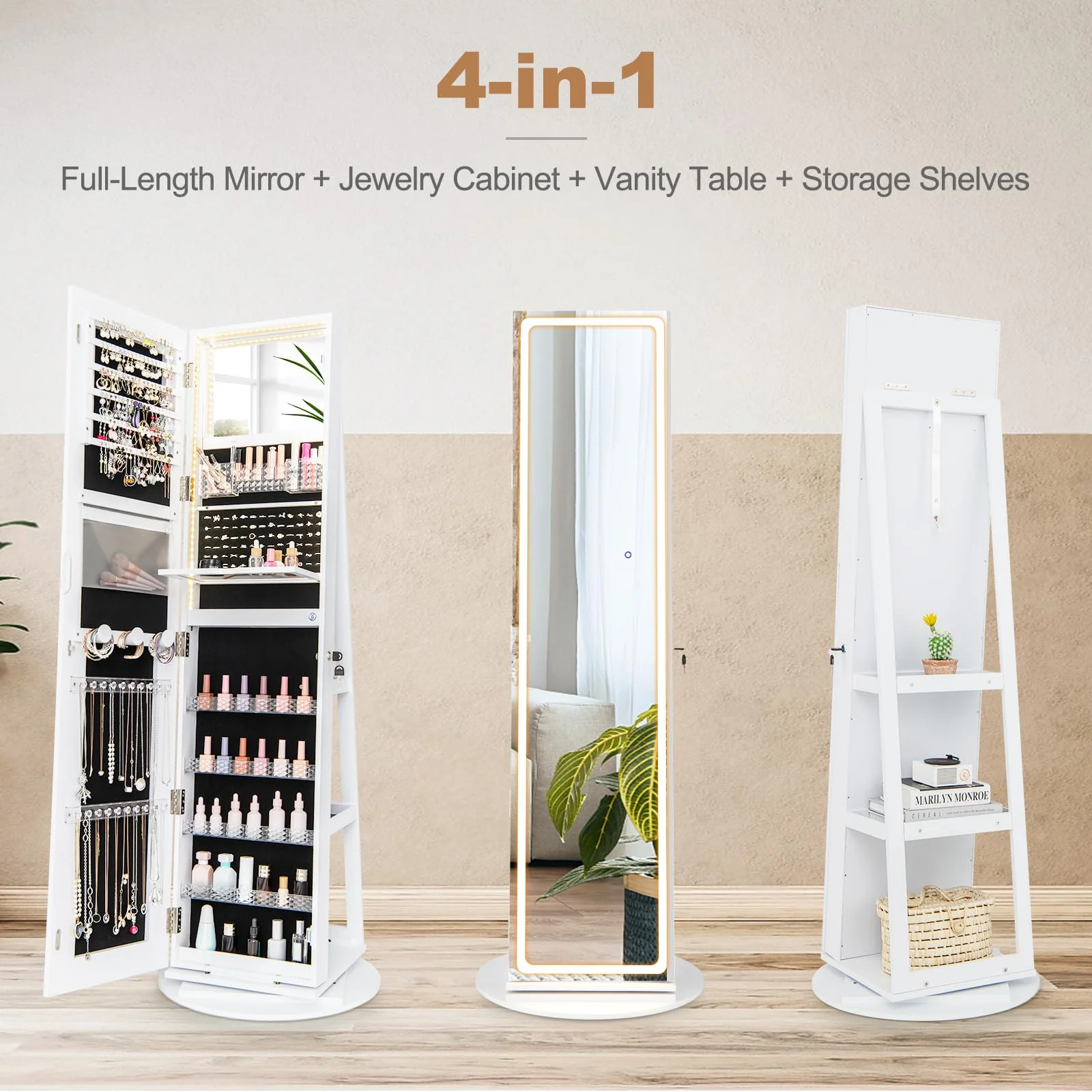 Giantex 160 cm Standing Jewelry Cabinet w/Adjustable LED Lights, 360�� Swivel Lockable Jewelry Armoire Organizer w/Full-Length Mirror