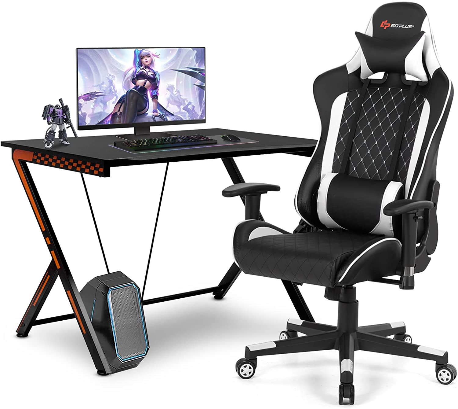Gaming Desk & Chair Combo Set, Racing Style Home Office Gamer Workstation w/Massage Lumbar Support & Headrest