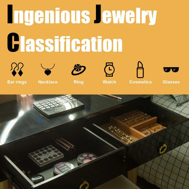 Modern Makeup Vanity Set with Touch Screen Dimming Mirror and 3 Color LED Lighting Modes, Jewelry Divider Dressing Table