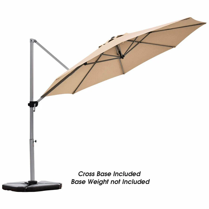 11 FT Patio Offset Cantilever Umbrella 360�� Rotation Tilt with Cross Base & Crank Handle