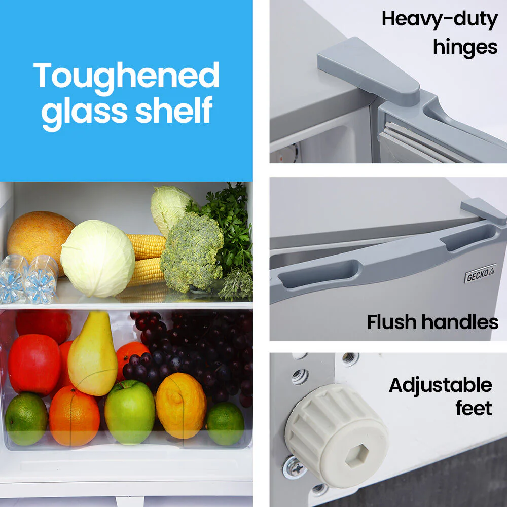 GECKO 142L Upright Portable Fridge / Freezer, 12V/24V/240V for Motorhome and Caravan, Silver