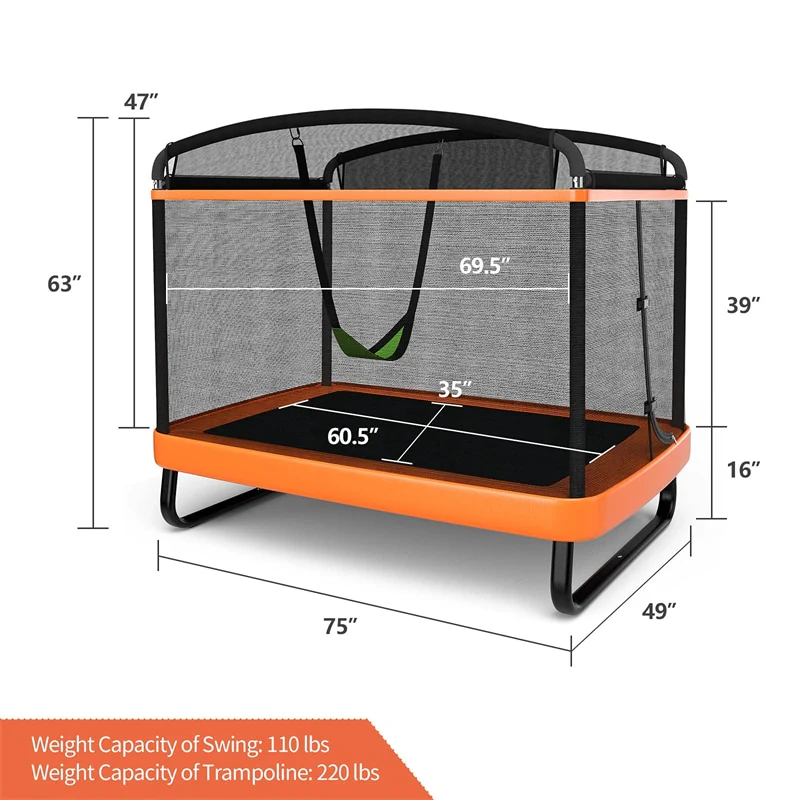 6FT Kids Trampoline with Swing, Safety Enclosure, ASTM Approved Rectangle Recreational Trampoline for 3-8 Years Indoor/Outdoor, Max Load 220lbs