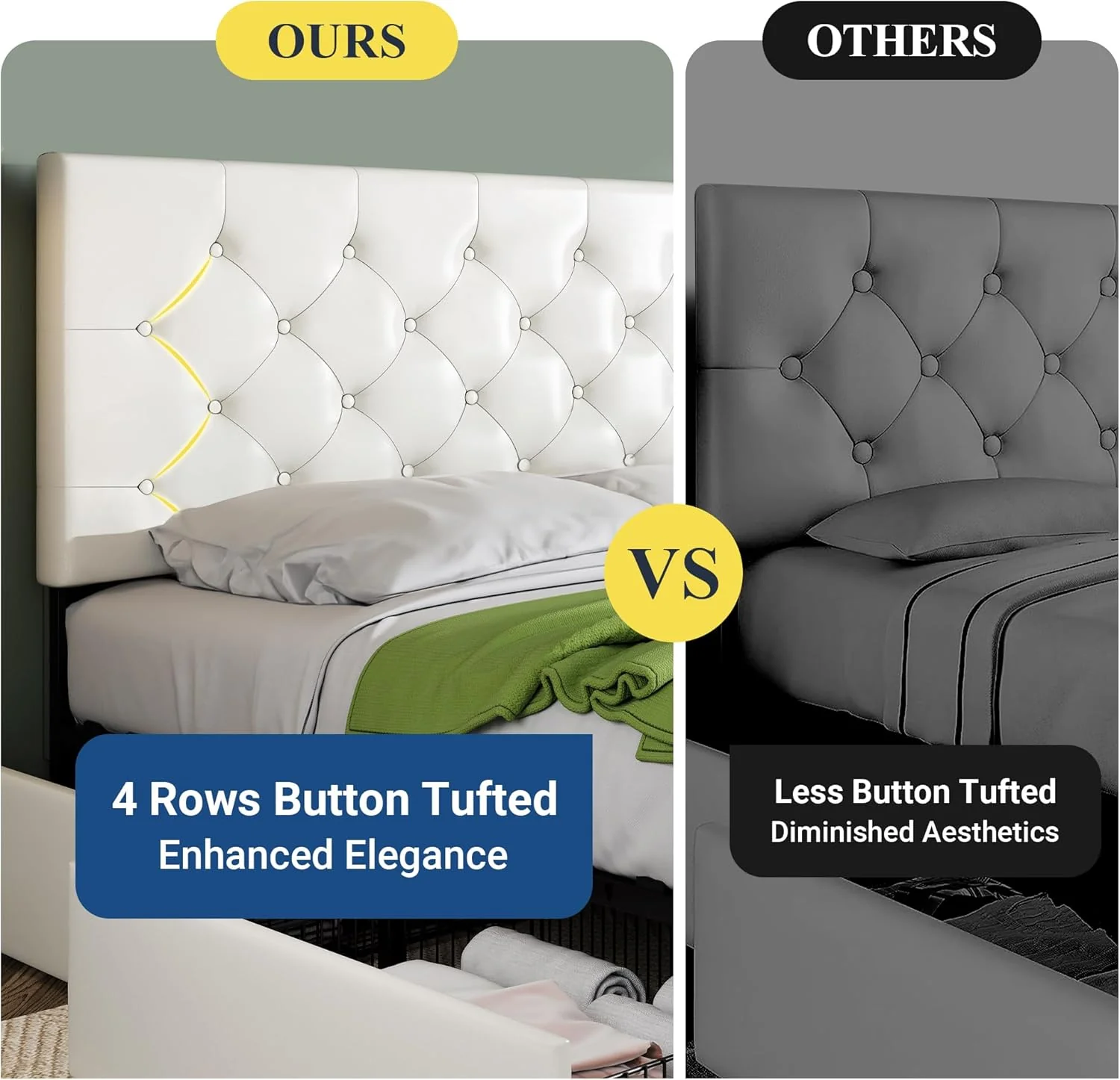 Allewie Upholstered Queen Size Platform Bed Frame with 4 Storage Drawers and Headboard, Square Stitched Button Tufted, Mattress Foundation with Wooden Slats Support, No Box Spring Needed, Light Grey