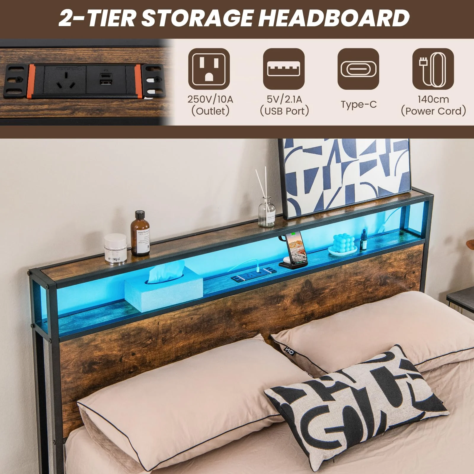 Giantex Queen Bed Frame with Smart LED Lights, Metal Platform Bed with Storage Headboard