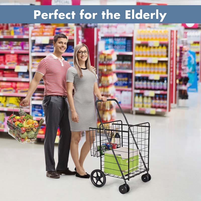 Jumbo Folding Shopping Cart Large Rolling Grocery Utility Cart with Double Basket & 360�� Swivel Wheels