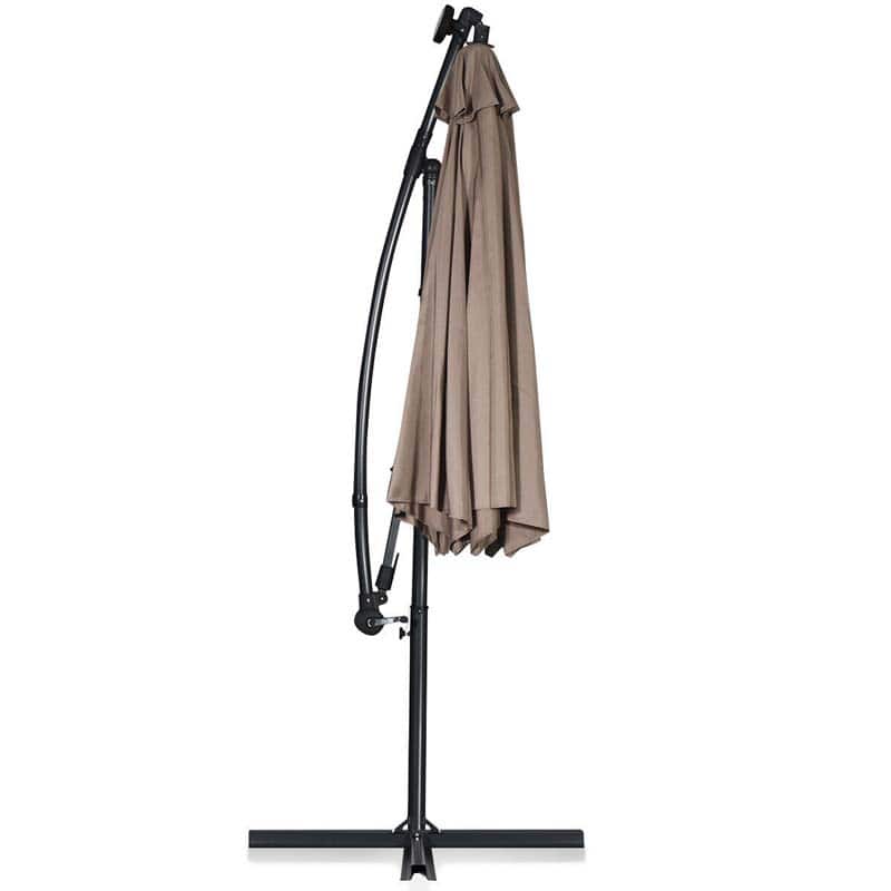 10 FT Patio Offset Umbrella with Solar Lights 360�� Rotation Outdoor Market Umbrella with Crank Handle & Cross Base