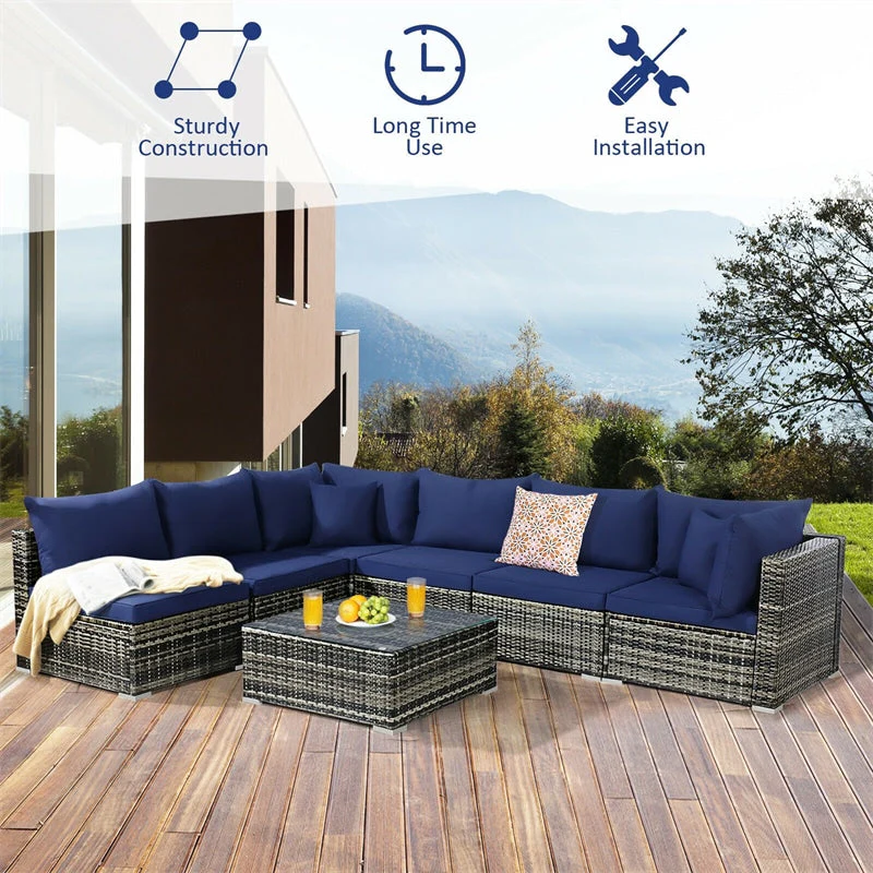 7 Pcs Rattan Patio Sectional Couch Set Outdoor Wicker Furniture Set with Cushions & Coffee Table